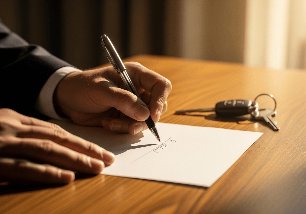 Vendeur signant la carte grise lors de la vente