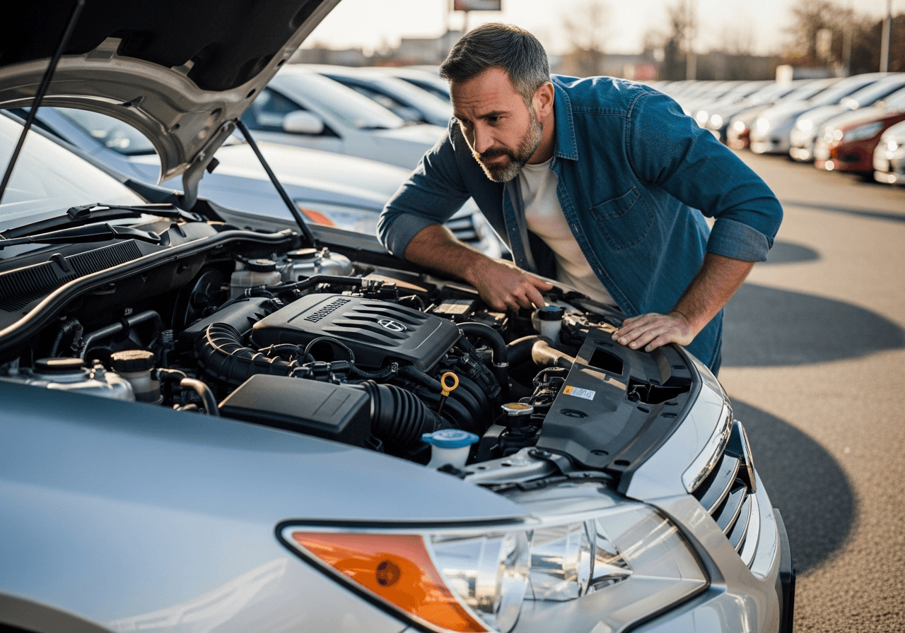 Acheteur inspectant une voiture d'occasion avant l'achat