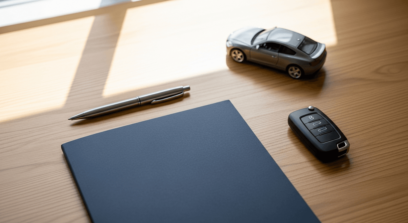 Dossier de contrat d'assurance auto sur un bureau avec clé de voiture et stylo