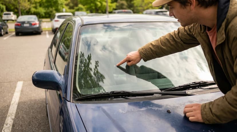 Inspection du pare-brise d'une voiture d'occasion avant achat